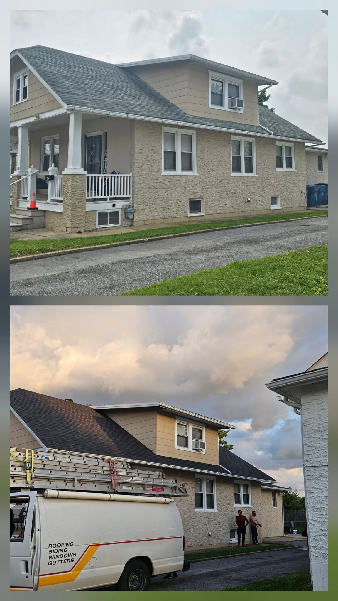 Before and after house photographs showing roofing work