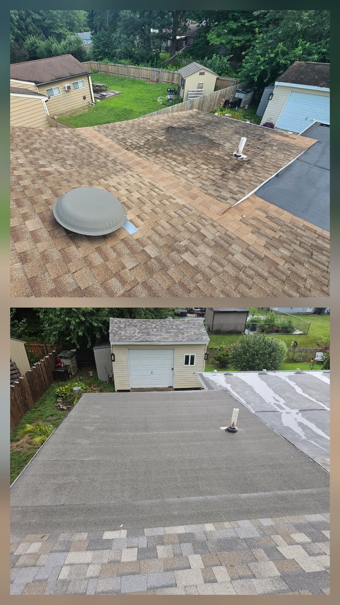 Before and after roofing photos from the same property